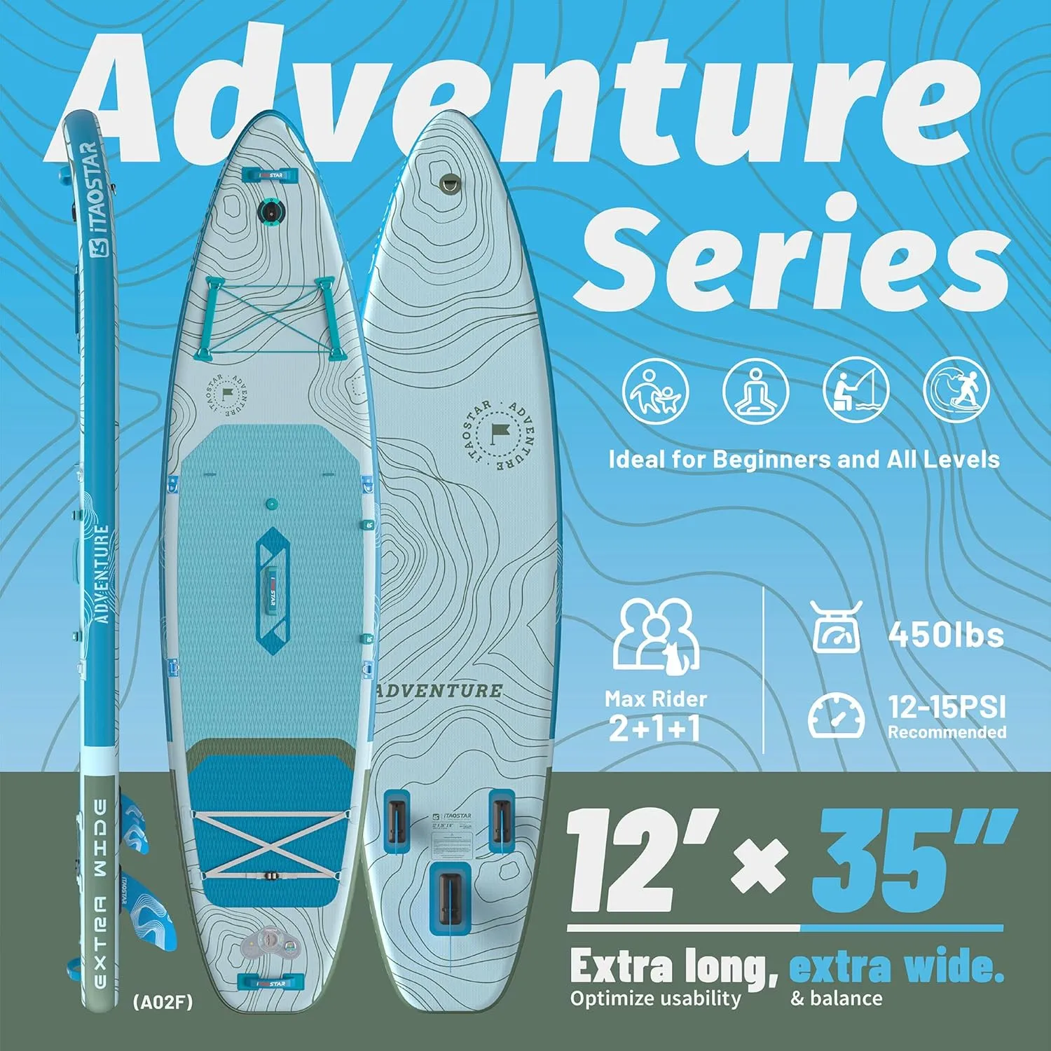 Adventure 1235"/39" Extra Wide Paddle Board, One-Stop Premium SUP Board Accessories, Tailored 5 Fins, Stable Inflatable Stand Up Paddle Boards for Youth/Adults of All Skill Levels