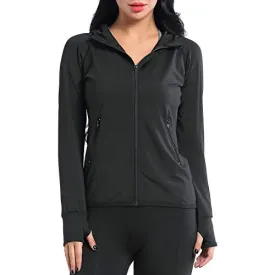 AMZSPORT Women's Running Jacket Long Sleeve Sports Hoodie with Zip Side Pocket Black L