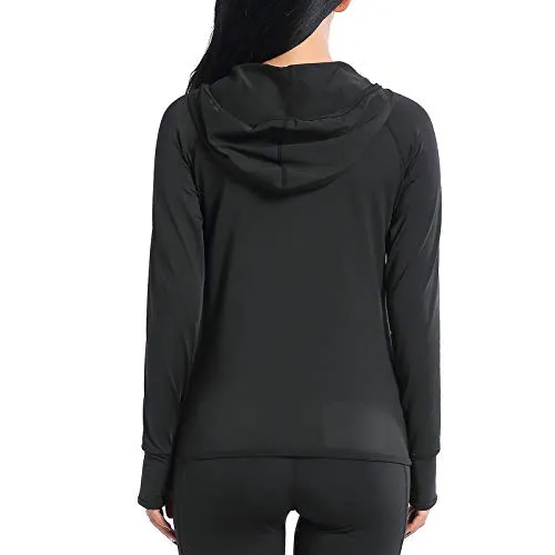 AMZSPORT Women's Running Jacket Long Sleeve Sports Hoodie with Zip Side Pocket Black L