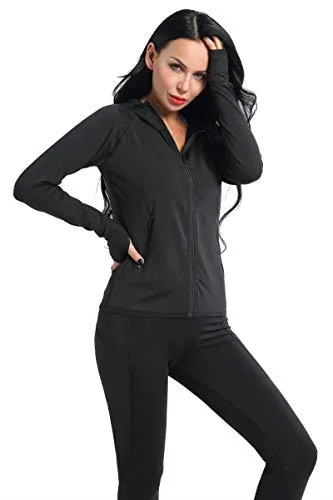 AMZSPORT Women's Running Jacket Long Sleeve Sports Hoodie with Zip Side Pocket Black L