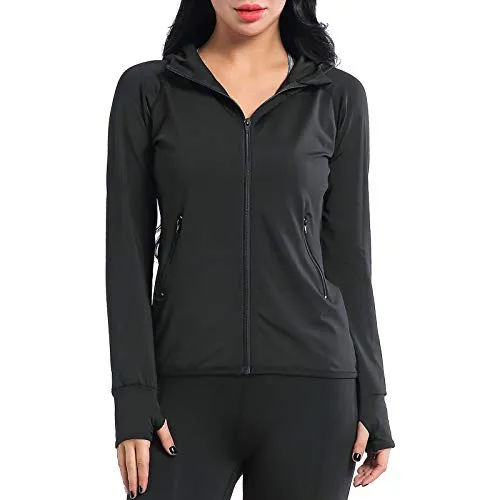 AMZSPORT Women's Running Jacket Long Sleeve Sports Hoodie with Zip Side Pocket Black L
