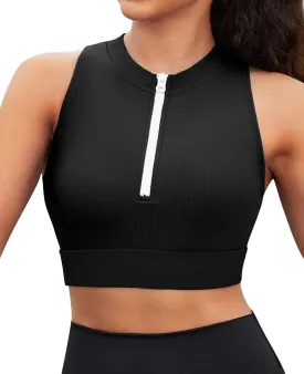 beautyin Sleeveless Slim Fitted Crop Tops for Women Front Zip Up Ribbed Racerback Swimwear