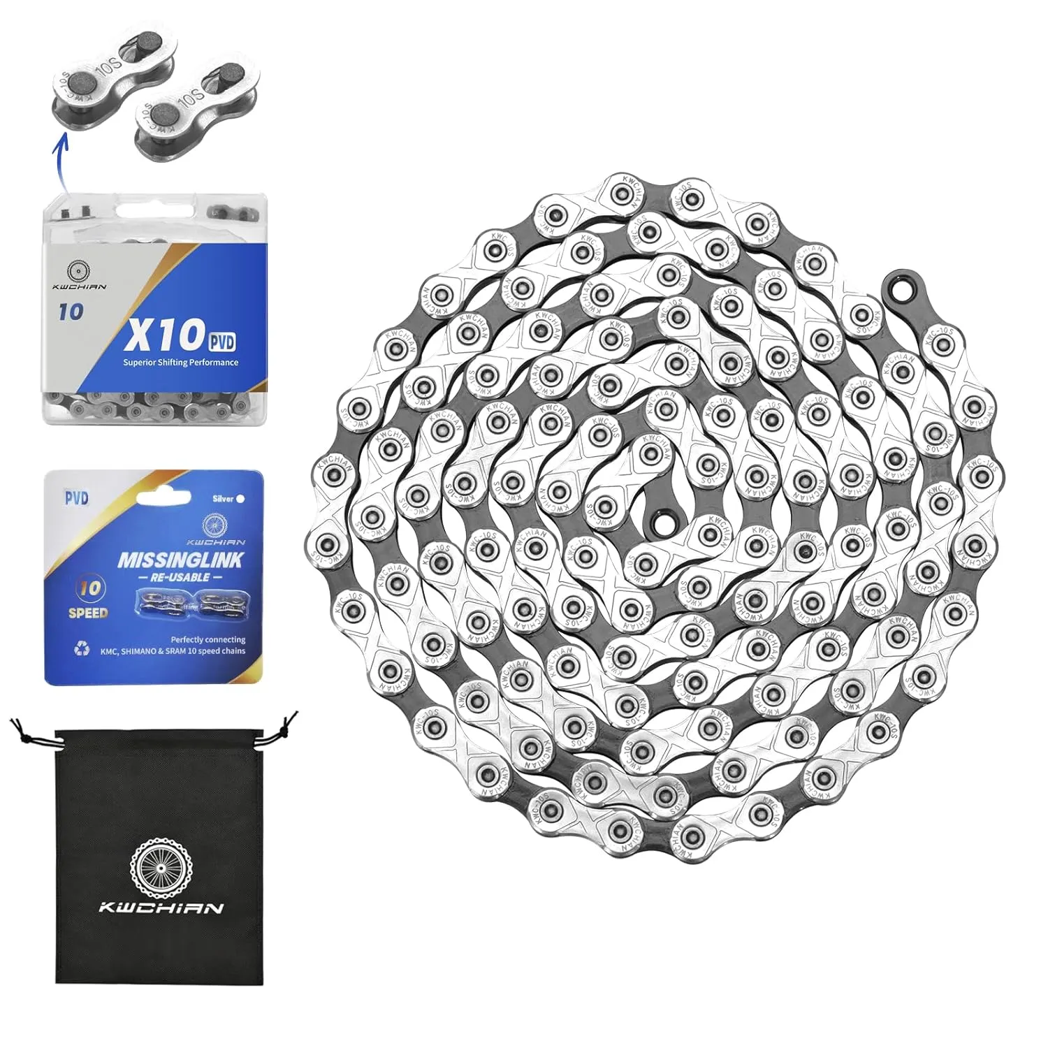 Bike/E-Bike Chain Kit 8/9/10/11 Speed Chain - Road & Mountain Bicycle Chain for Shimano SRAM Campagnolo -Silver Black(Individually Packaged Quick Link(1 Set, 10 Speed Chain Kit)