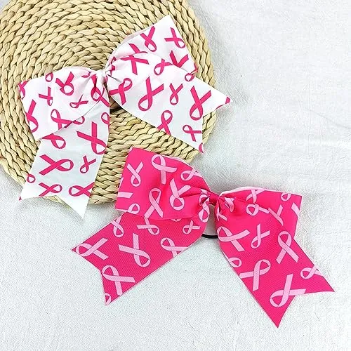 Breast Cancer Hair Ribbon for Girl Women Big Pink Ribbon Bow Elastic Hair Ties Women's Breast Cancer Hair Band Breast Cancer Awareness Hair Accessories Stretchy Hair Ropes Hair Loop Ponytail Holders for Thick Hair