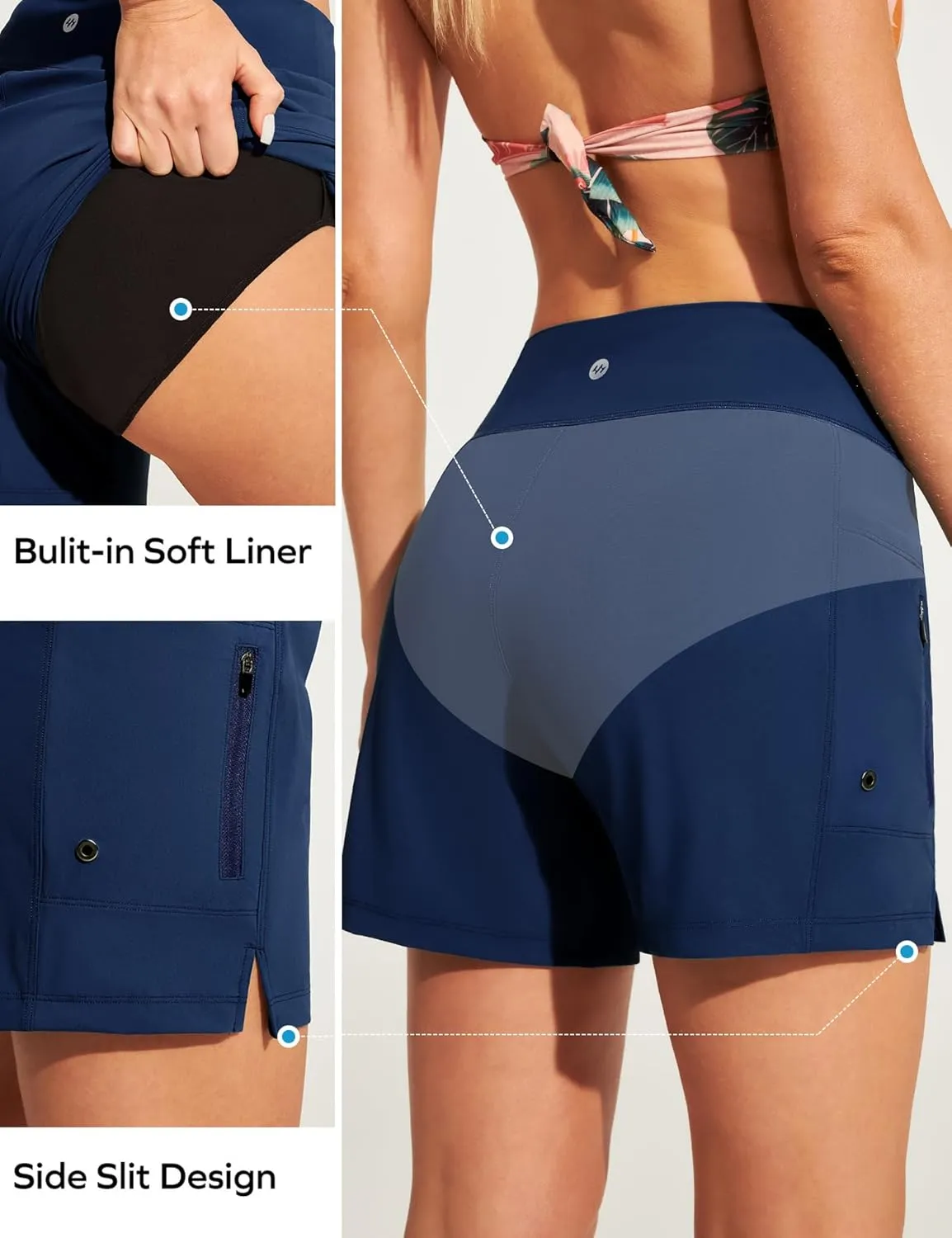 Ewedoos Womens Swim Shorts High Waisted Board Shorts for Women Stretchy 5" Swim Beach Short with Pockets Swimwear Liner