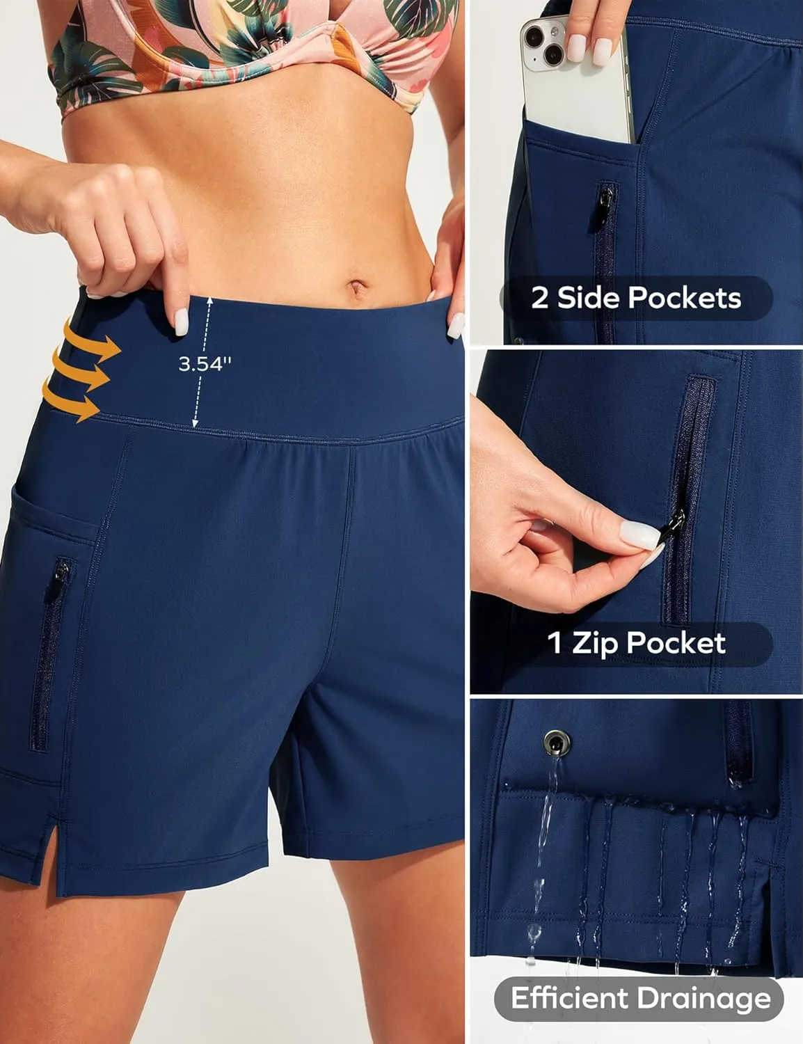 Ewedoos Womens Swim Shorts High Waisted Board Shorts for Women Stretchy 5" Swim Beach Short with Pockets Swimwear Liner