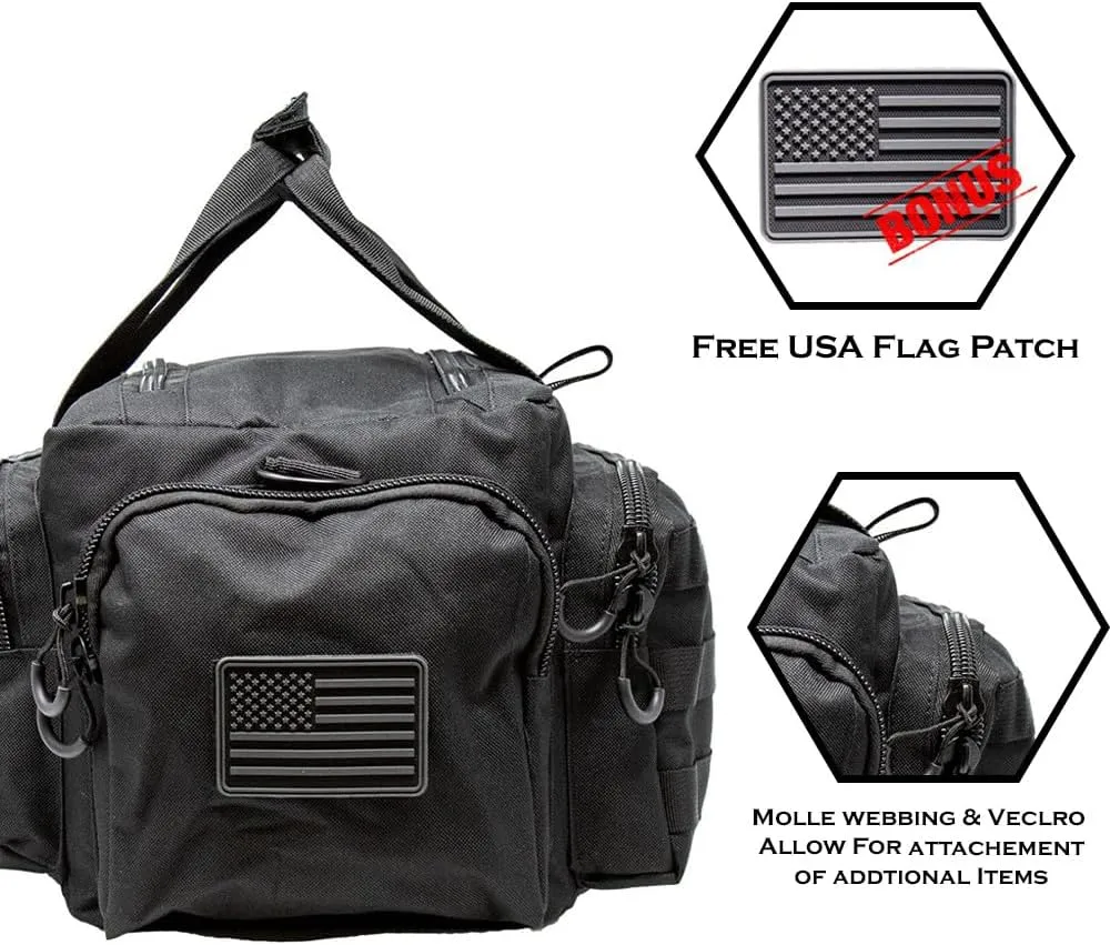 Exos Tactical Range Bag  Medium Size Range Bag for Shooting  Gun Case for Handguns, Ammo Bag, Tactical Range Bag, Molle Webbing, Free Subdued USA Patch, Designed in the USA