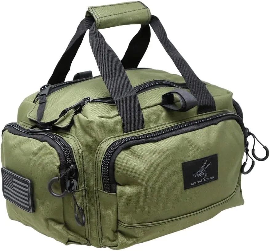 Exos Tactical Range Bag  Medium Size Range Bag for Shooting  Gun Case for Handguns, Ammo Bag, Tactical Range Bag, Molle Webbing, Free Subdued USA Patch, Designed in the USA