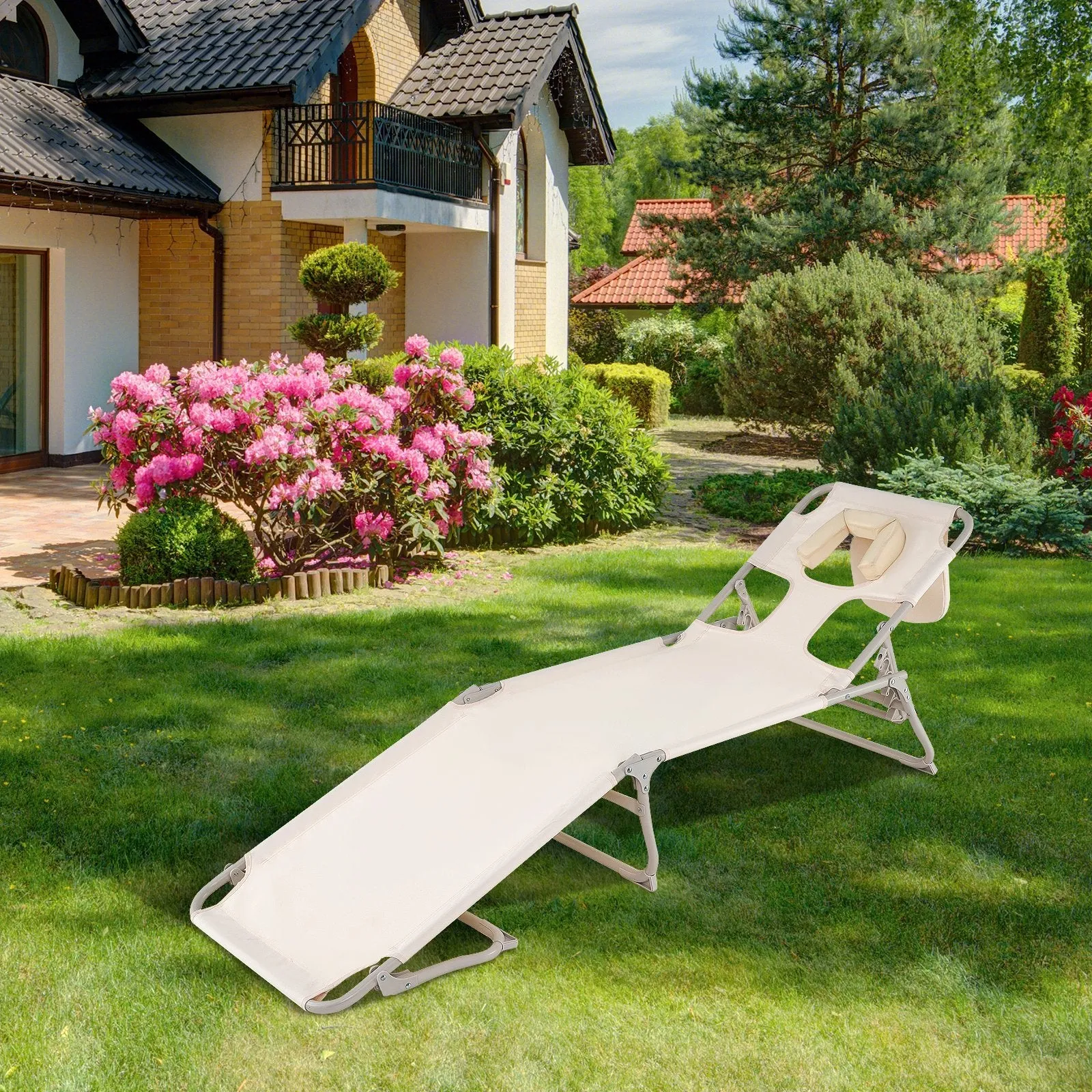 Folding Tanning Chair with Face and Arm Holes-Beige