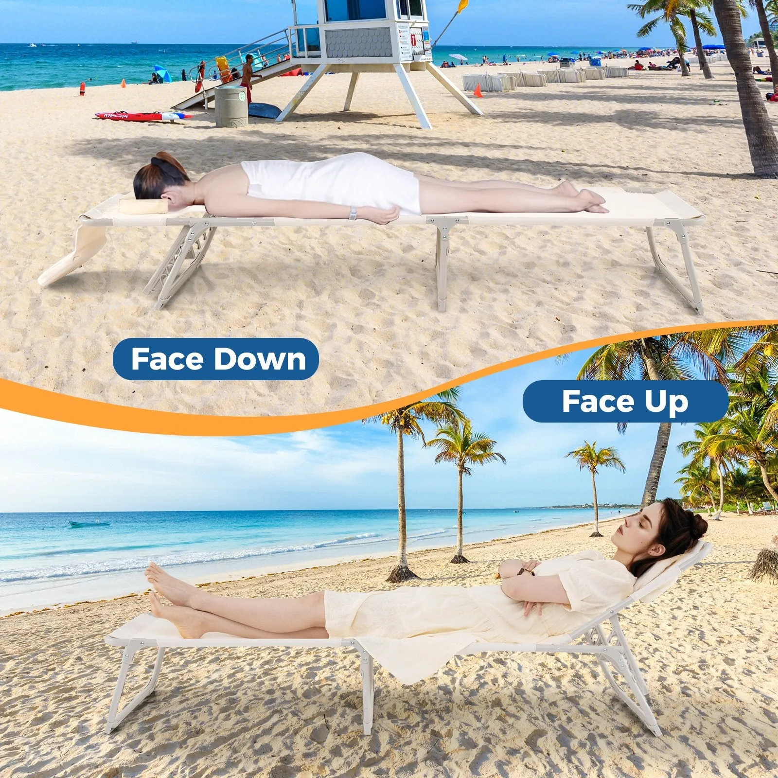 Folding Tanning Chair with Face and Arm Holes-Beige
