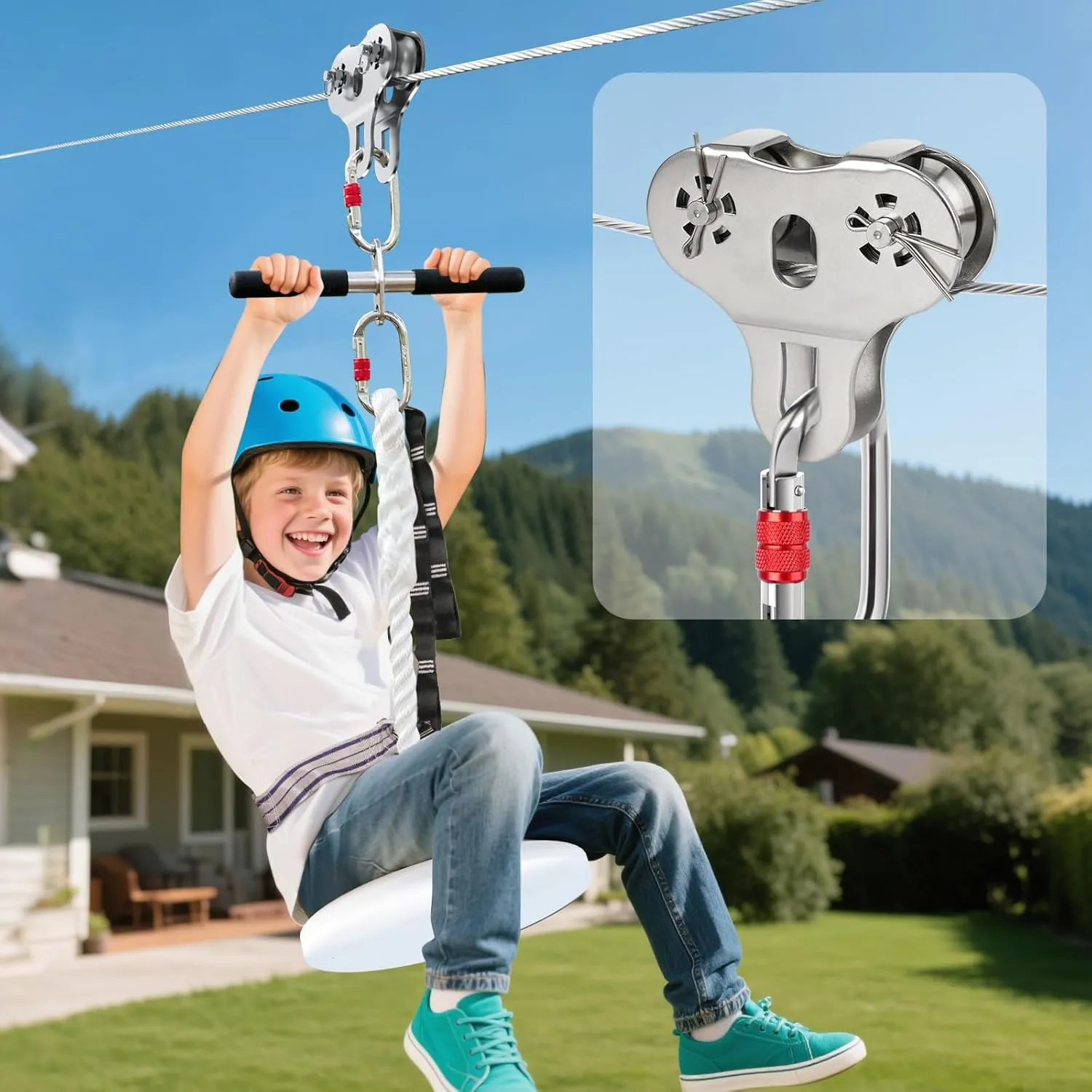 FUQUN 180 FT Zip Line for Kids and Adults, 304 Stainless Steel Up to 780 lb, 1/4 Inch Wire Rope Zipline Kit for Backyard and Outdoor Play Equipment