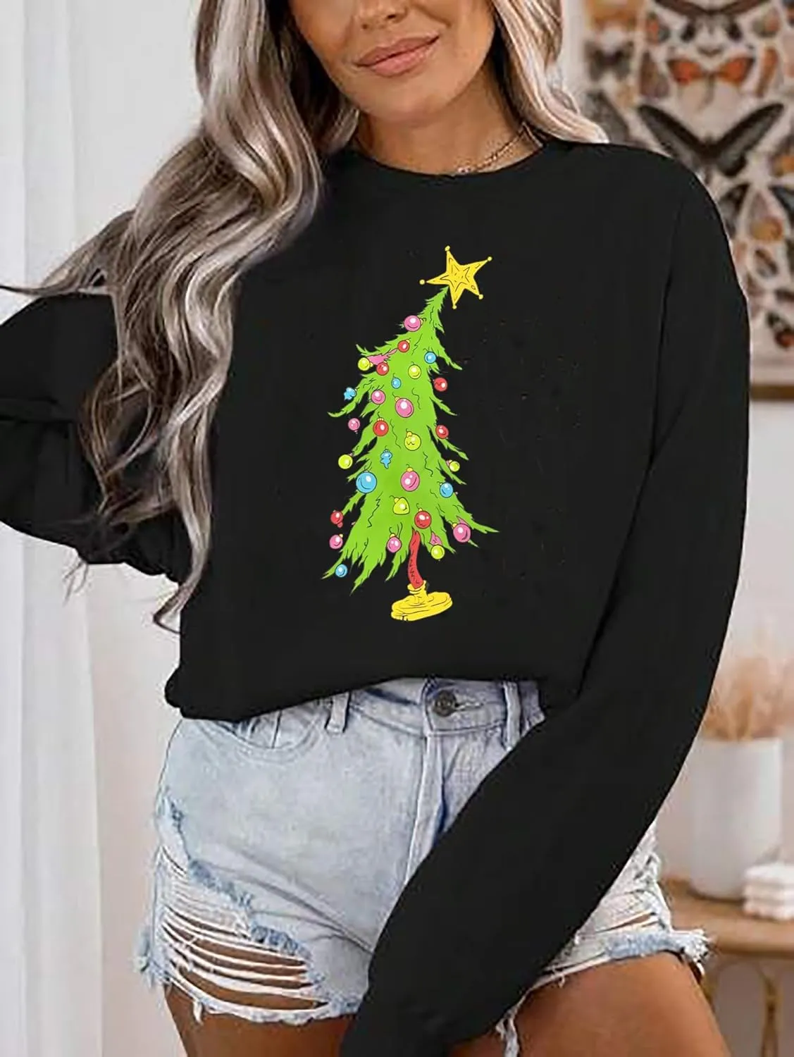 LLHXRUI Christmas Palm Tree Sweatshirt for Women Funny Hawaiian Beach Tropical Xmas Pullover Long Sleeve Christmas Shirt Top