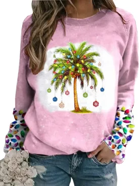 LLHXRUI Christmas Palm Tree Sweatshirt for Women Funny Hawaiian Beach Tropical Xmas Pullover Long Sleeve Christmas Shirt Top