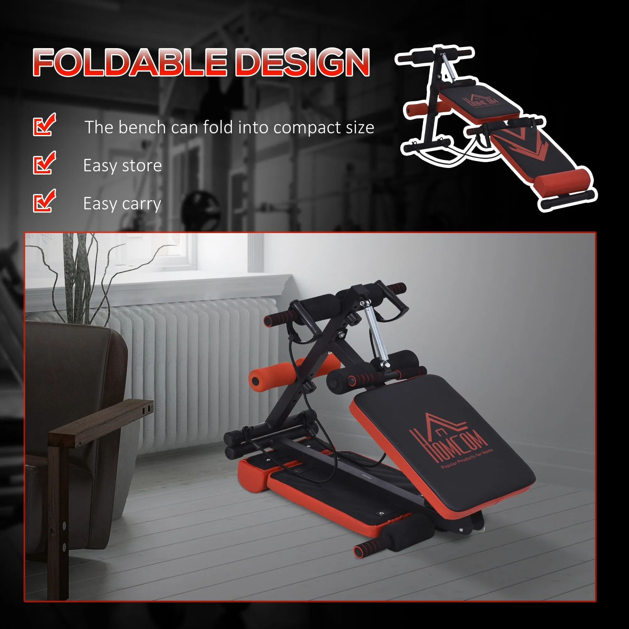 Multifunctional Sit Up Bench Foldable Exercise Weight Bench w/ Elastic Rope Fitness Equipment