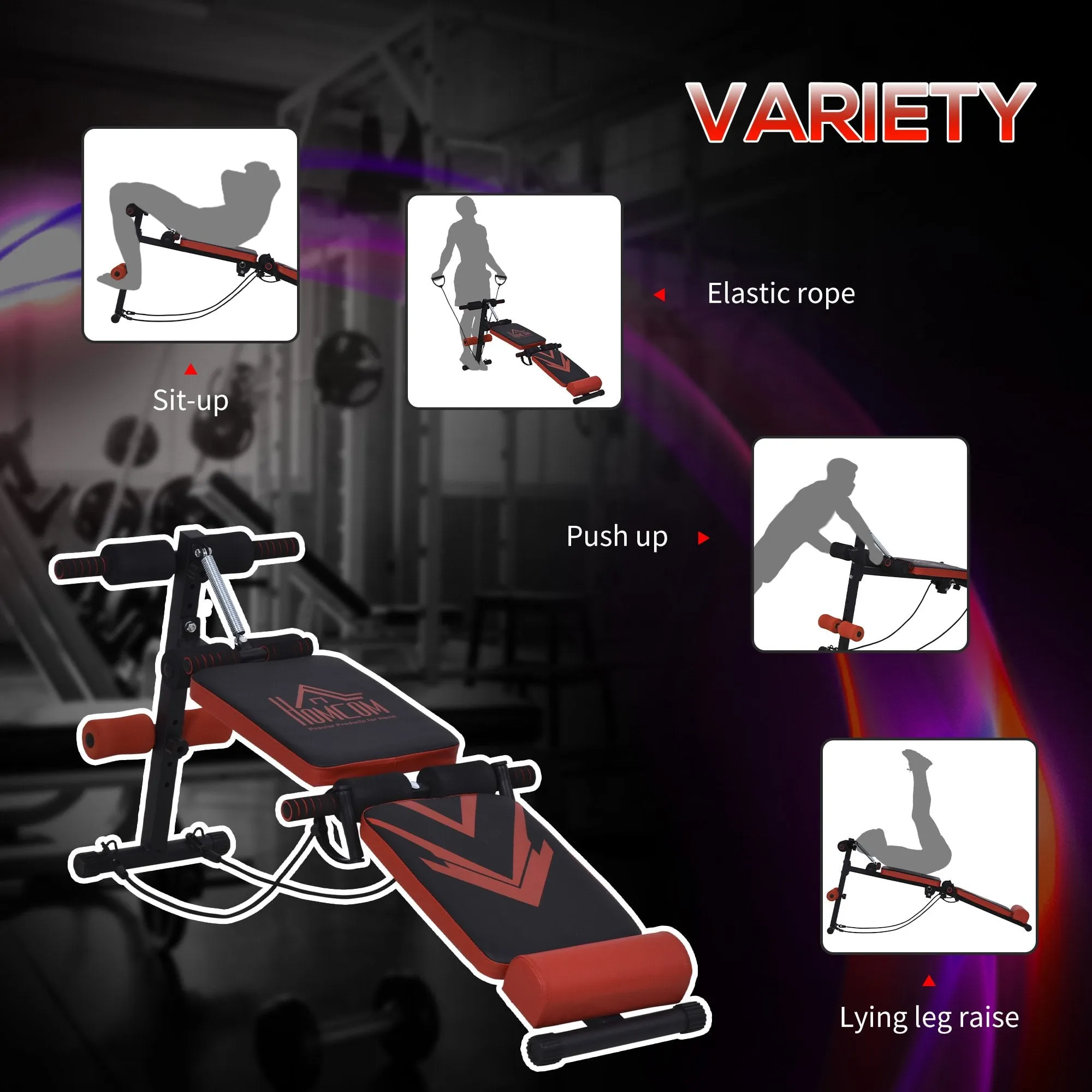 Multifunctional Sit Up Bench Foldable Exercise Weight Bench w/ Elastic Rope Fitness Equipment