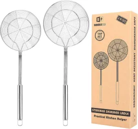 Pack of 2 Large Spider Strainer, Stainless Steel Skimmer Basket,Kitchen Ladle Strainers,Mesh Spoons with Long Handle, Cooking Tools for Frying, Boiling Noodles, Dumplings, Pasta