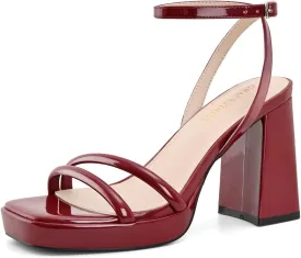 Platform Heels for Women Block Chunky Strappy Heels Square Toe Ankle Buckle Sandals