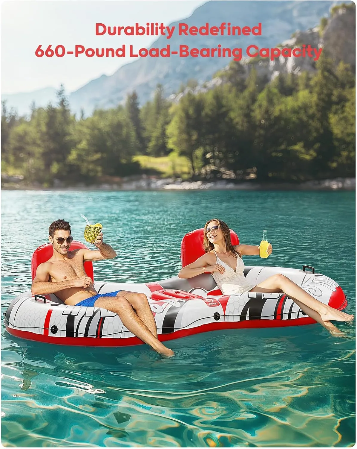 QPAU Inflatable Double River Tube, 2 Person 660lb Capacity, Puncture-Resistant 93" Sturdy Heavy Duty River Float, River Raft with Ergonomic Backrest, Cooler & Cup Holders for Family