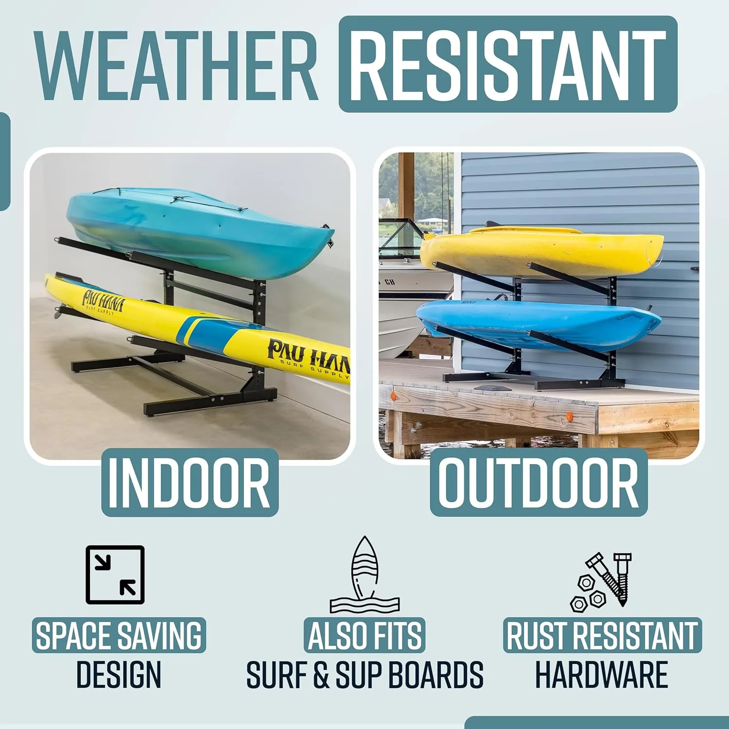 Teal Triangle Freestanding Kayak Storage Rack - Storage Rack for 2 Kayaks or Canoes - Premium Kayak Stand for Outdoor and Indoor - Adjustable Kayak Holder and Canoe Storage Stand