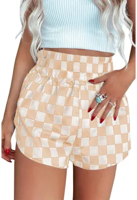 Women's High Waisted Checkered Shorts - Black, Regular, High Rise, Loose Fit, Gym/Running/Yoga, Checkered Pattern