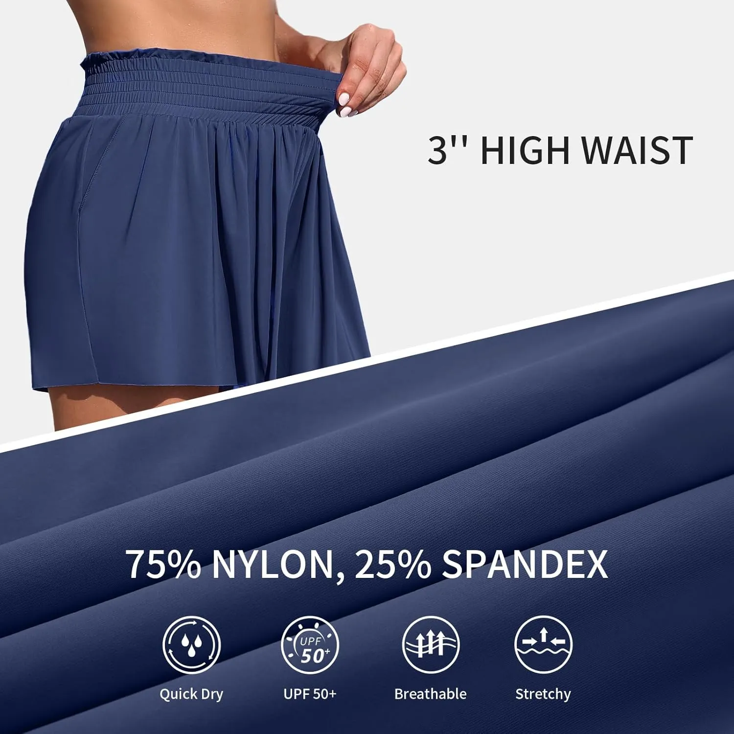 Womens Swim Shorts 3" High Waist Flowy Board Shorts for Women with Pockets Beach Bathing Suit Bottoms Tummy Control
