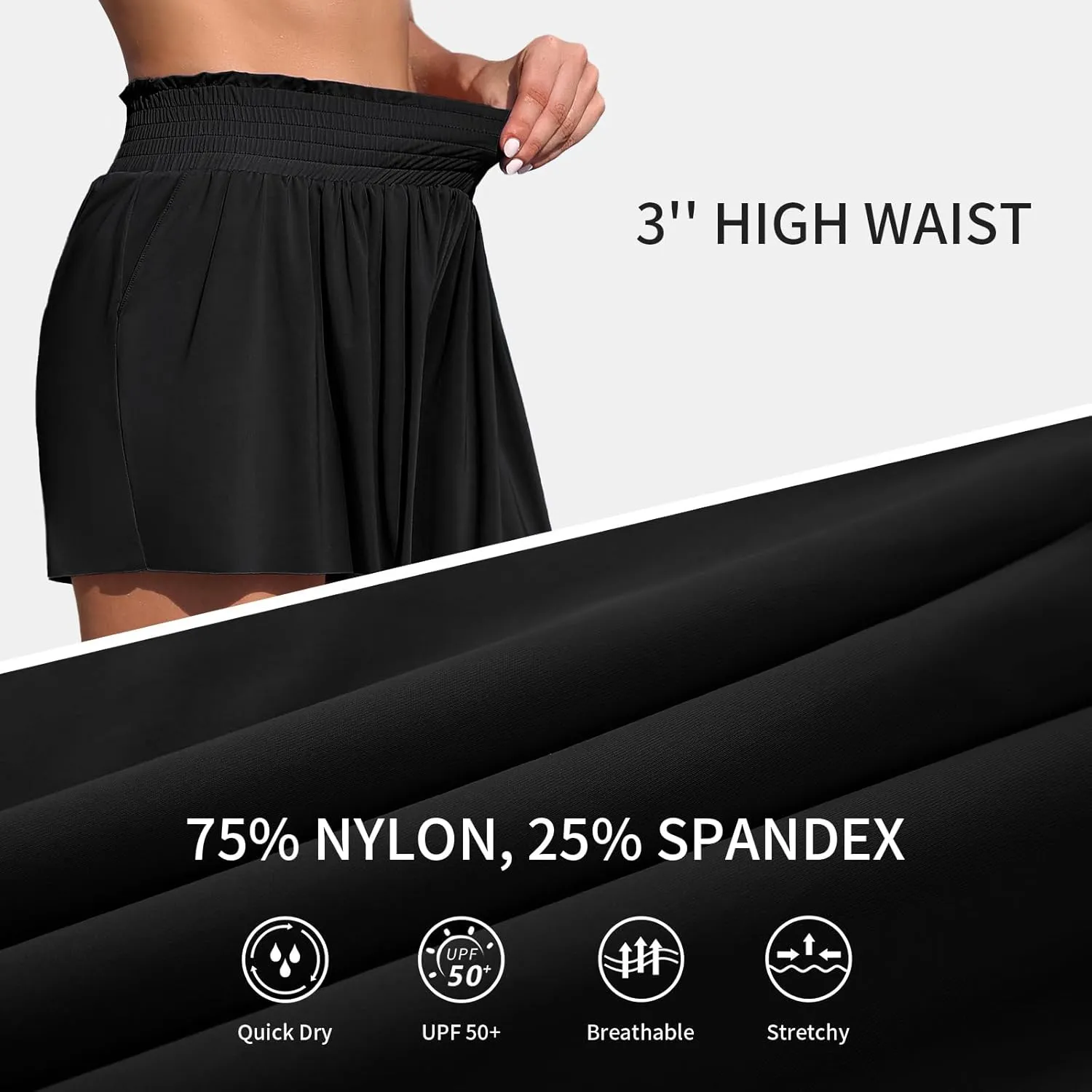 Womens Swim Shorts 3" High Waist Flowy Board Shorts for Women with Pockets Beach Bathing Suit Bottoms Tummy Control