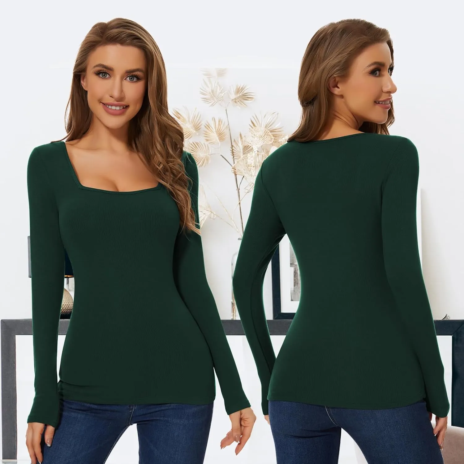 WOWENY Women Thermal Long Sleeve Shirt Fleece Lined Tight Undershirts Basic Fitted Tops Square Neck Winter Base Layer