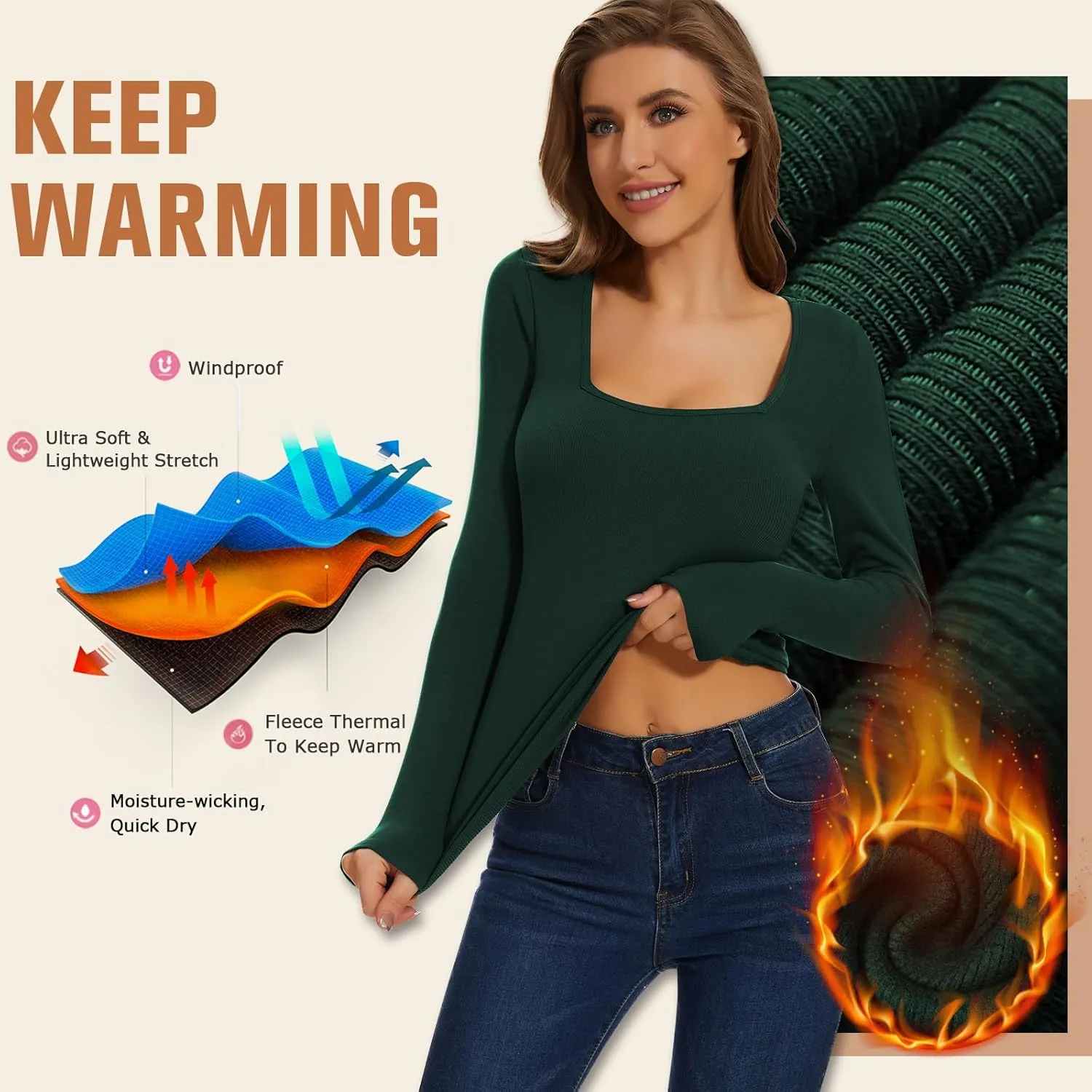 WOWENY Women Thermal Long Sleeve Shirt Fleece Lined Tight Undershirts Basic Fitted Tops Square Neck Winter Base Layer