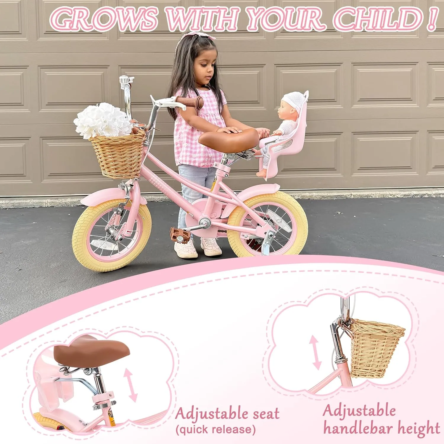 XJD Girls Bike for Toddlers and Kids Ages 2-12 Years Old,12 14 16 Inch Kids Bike with Training Wheels & Basket, 20 Inch Kids Bicycle with Handbrake & KickstandAdjustable Seat Handlebar Height